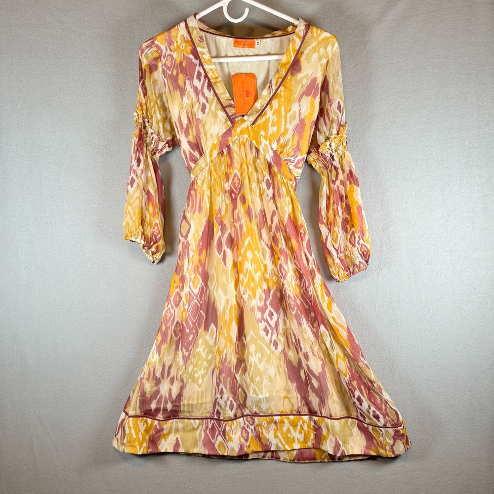 Backwoods New York Boho-chic Flowy V-Neck Dress in Yellow and Mauve, size M- NWT